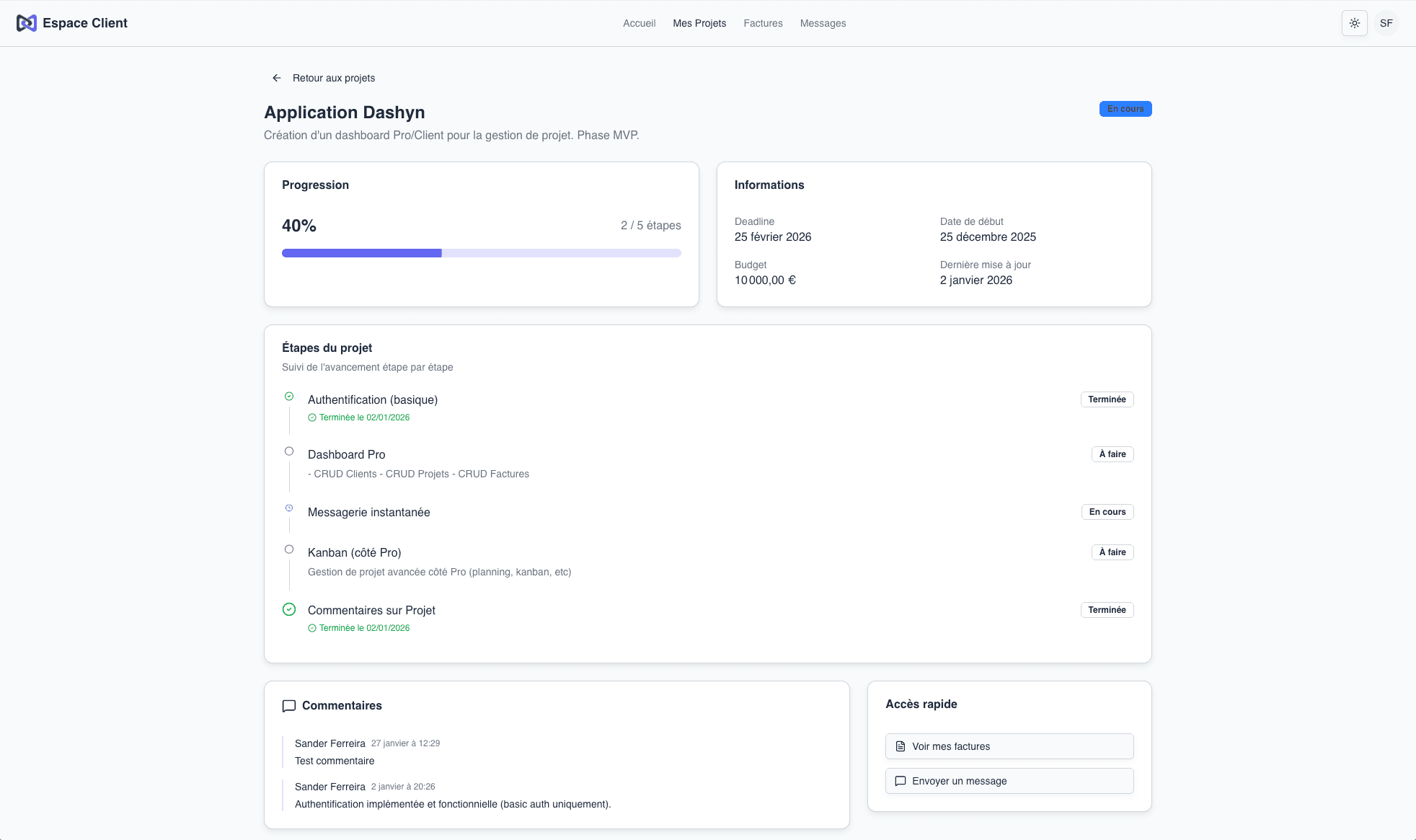 Portail client Dashyn - suivi de projet en temps réel